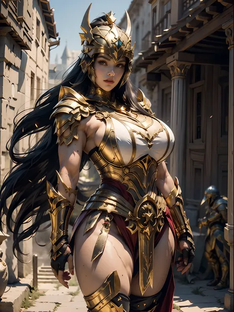 a beautiful golden-greek-armored warrioress, jet-black hair, spartan helmet, muscular, huge and heavy breasts, looking at viewer...