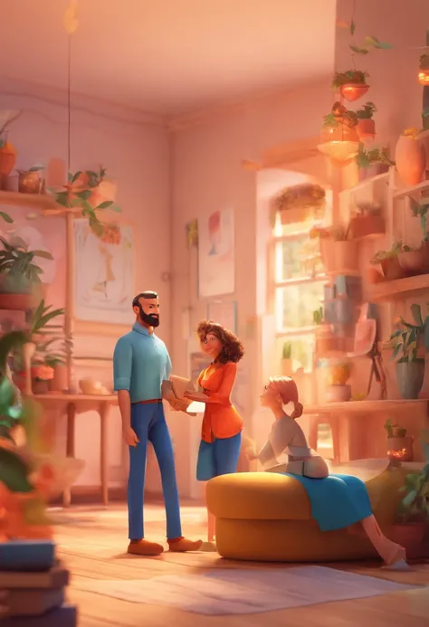 An illustration of an adorable couple, Destacando um homem e uma mulher com beleza, Expressive eyes – the mans hair is bald and brown and he has a full beard, While the womans hair is tied up in a bun and blonde. They are a bright space, Todos com um sorri...