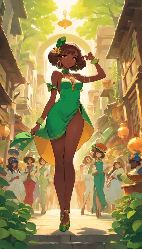 "Glamorous leprechaun girls harem with seductive woman showing elegant long-legged proportions, Irresistibly beautiful dark skin, and seductive curvy figures."