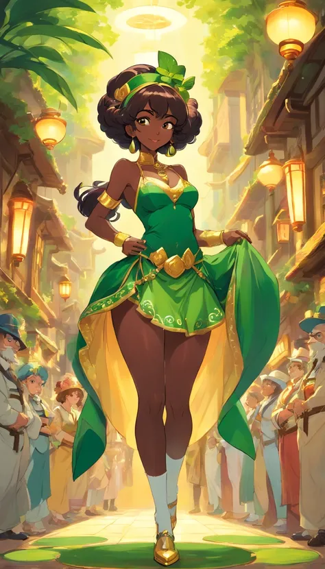 "Glamorous leprechaun girls harem with seductive woman showing elegant long-legged proportions, Irresistibly beautiful dark skin, and seductive curvy figures."