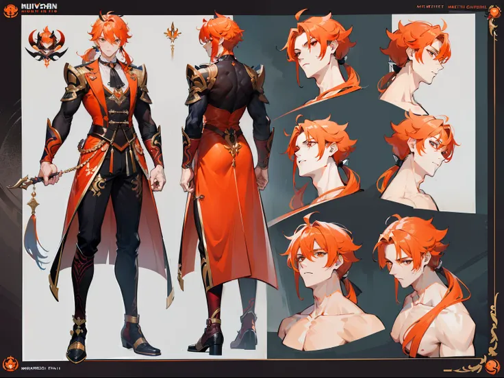 ((Masterpiece, Highest quality)), Male, boy, Detailed face, character design sheet， full bodyesbian, Full of details, frontal body view, back body view, Highly detailed, Depth, Many parts, Muscle boy with ponytail long orange hair，handsome man, muscle body...