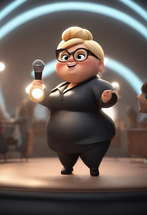 Cartoon character of a fat woman, round face, blonde hair, wearing a bun in her hair, holding a microphone and singing, wearing black glasses, black jacket, a gray shirt, an animated character, stylized character, animation style rendering, 3d stylized, Ar...