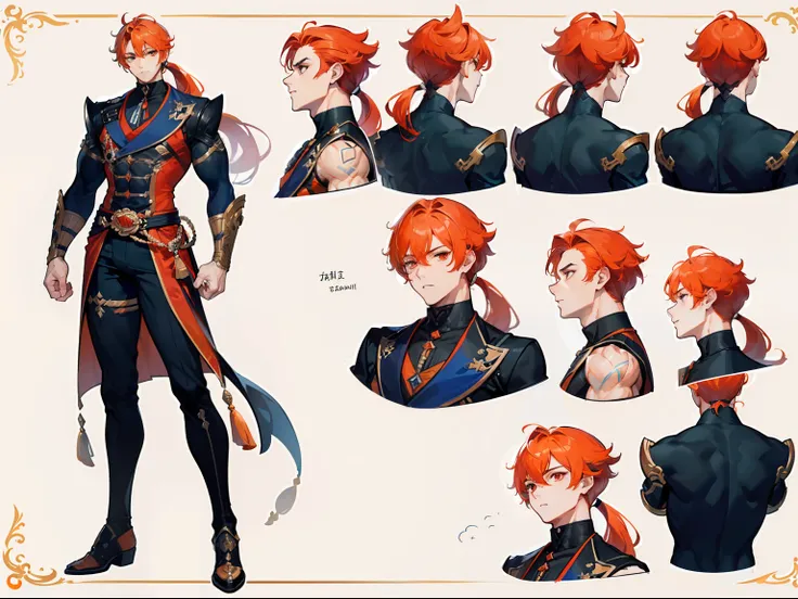 ((Masterpiece, Highest quality)), Male, boy, Detailed face, character design sheet， full bodyesbian, Full of details, frontal body view, back body view, Highly detailed, Depth, Many parts, Muscle boy with ponytail long orange hair，handsome man, muscle body...