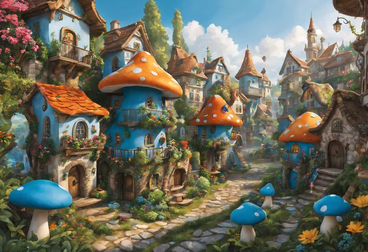 A smurf city, vividly depicted in the artwork (best quality, 4k, high resolution, masterpiece: 1.2), with ultra detailed features (realistic, photorealistic: 1.37). The city is made of vibrant colors and is bathed in warm sunlight, creating a cheerful and ...