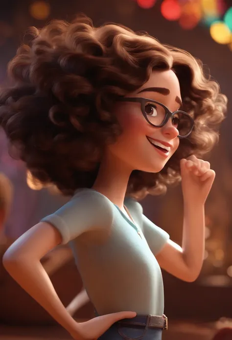 Pixar style image with 3D character white glasses brunette woman short curly hair dancing, Maquiagem Disney,Pescador, bonitinho, sorridente ,Close-up, Pixar, Disney, Cinema lighting,