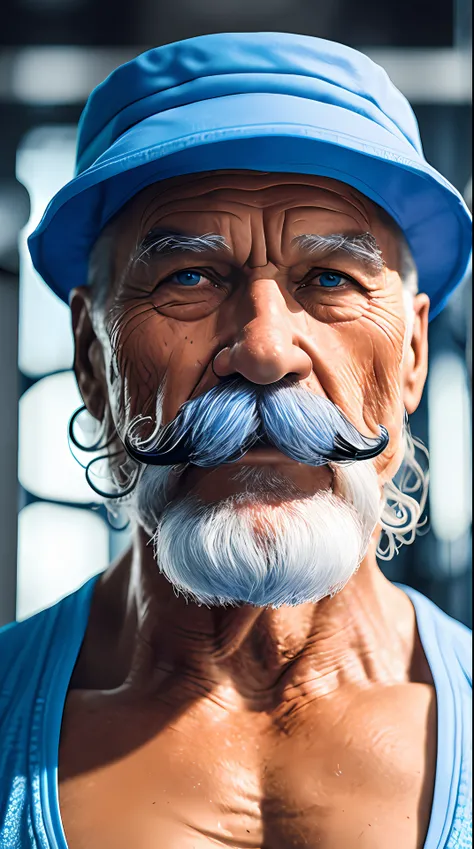 bodybuilder old man with a mustache , blue Bucket Hat, in the background a gym, photography,soft lighting, soft details, octane, artstation trending, ultra high detail, ultra realistic, cinematic,16k