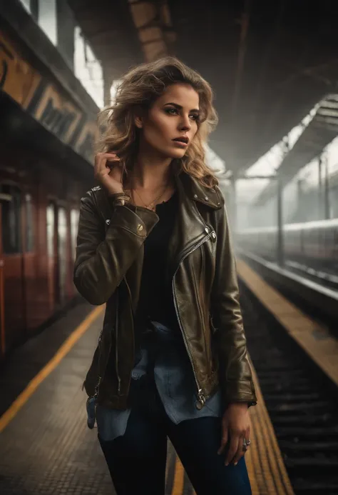 1 girl,  Aviador tem ,   sozinho,   Punk a vapor, train station,  , vapor, smoke billowing, master part, altamente detalhado,HDR,8K resolution, best quality,