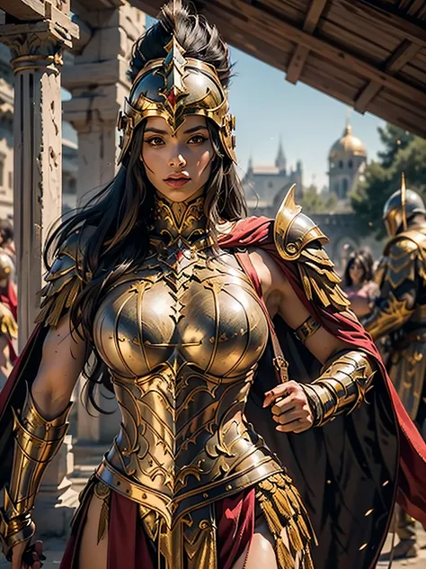 a beautiful golden-greek-armored warrioress, jet-black hair, hoplite helmet, muscular, huge and heavy breasts, looking at viewer...