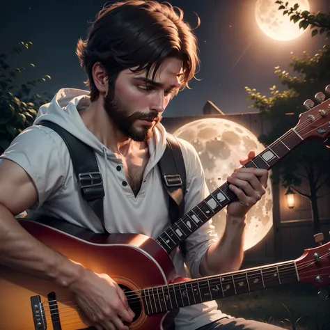 A boy with thin short beard playing guitar outdoors on full moon night ultra realistic 8k