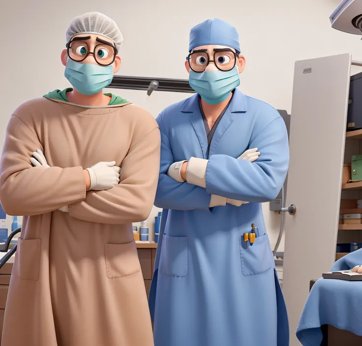 Two surgeons, The man on the left does not wear glasses and has dark eyes, Na sala de cirurgia em estilo Pixar, alta qualidade