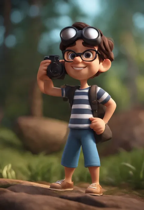 personagem dos desenhos animados de um jovem magro, with black glasses and black shirt, with a camera in hand, animation character, Caractere estilizado, animation style rendering, 3D estilizado, Arnold Maya render, 3 d render stylized, toon render keyshot...