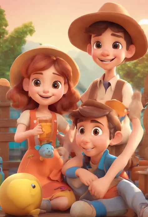 (best quality,4k,8k,highres,masterpiece:1.2),ultra-detailed,(realistic,photorealistic,photo-realistic:1.37),Estilo Pixar,Familia,Um pai,A mother and two girls,1boy:6 years old,1boy:2 years old,A beautiful, brown-colored farm with cows

(engaging expression...