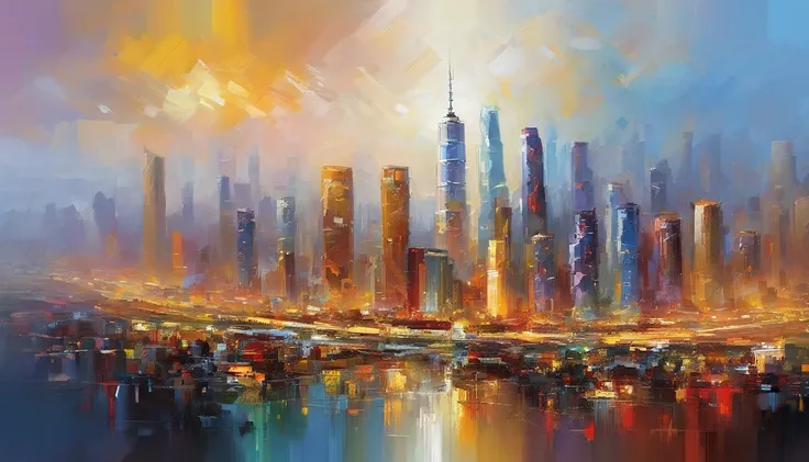 sunny clear sky，Warm atmosphere，The Chinese metropolis of Chengdu，Aerial view of the city skyline in the distance,Masterpiece oil painting, Mark Lager（Mark Lague）painting of.