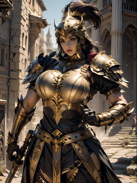 a beautiful golden-greek-armored warrioress, jet-black hair, hoplite helmet, muscular, huge and heavy breasts, looking at viewer...