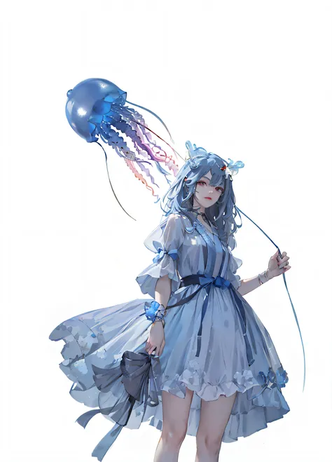 There is a woman in a dress holding a jellyfish balloon, jellyfish priestess, jellyfish shrine maiden, Guviz, jellyfish headdress, Guviz-style artwork, blue transparent jelly, Guweiz in Pixiv ArtStation, blue jellyfish, Guweiz on ArtStation Pixiv, cyberpun...