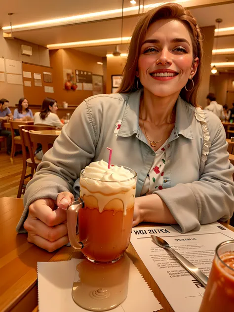 Smiling woman sitting at a table with a big drink in front of her, com uma bebida, drinking a strawberry iced latte, segurando uma bebida, divertindo-se, non blurry, segurando uma cerveja!!, delicioso, standing in a restaurant, with a happy expression, stu...