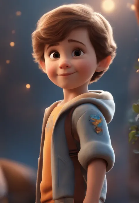 a happy cute kid standing short hair, vestindo uma fantasia espacial, , fundo branco, barnet, tom, Estilo Pixar, ..3d, desenhos animados, rosto detalhado, asymmetrical 16k