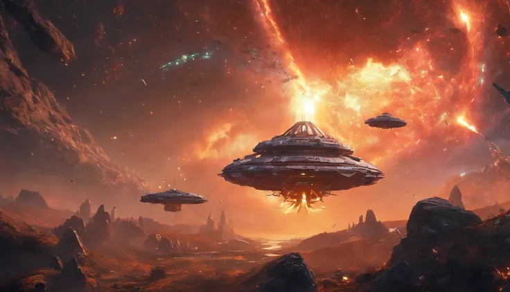 thousands of ships coming out of a black hole in a nebula towards earth in front of a huge Cerberus aggressively standing 100 meters high, localizado em um campo de batalha , Papel de parede de arte conceitual 4K, sci-fi fantasy wallpaper, arte sci fi, art...