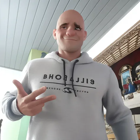 um homem careca, olhos castanho claro, estilo disney pixar, alta qualidade, melhor qualidade, molleton billabong roupa