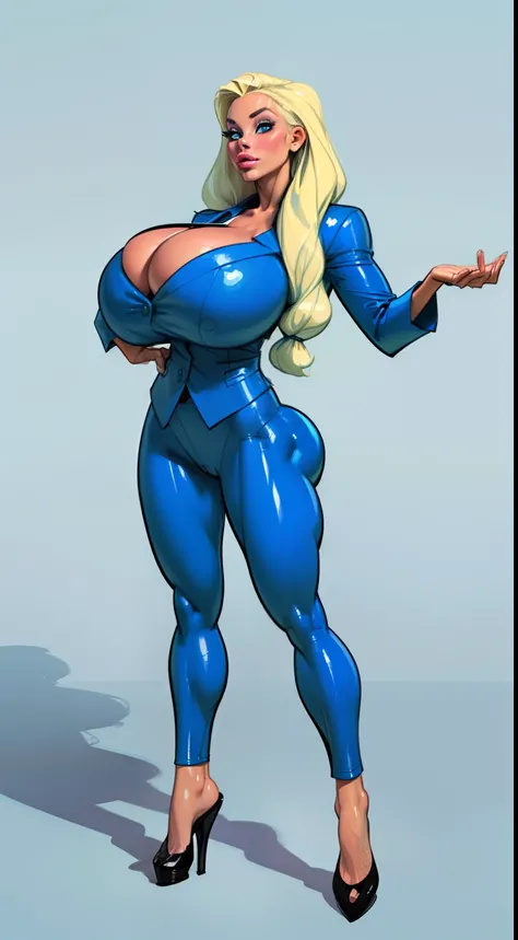 ((masterpiece)),(((best quality))), ((character design sheet:1.4)), ((full body view)) illustration,1girl, muscular, ((light blue business suit:1.4)), bubbles, ((heaven bump hairstyle:1.4)), ((light blonde hair:1.4)), blue suit ((detailed face:1.4)) ((giga...