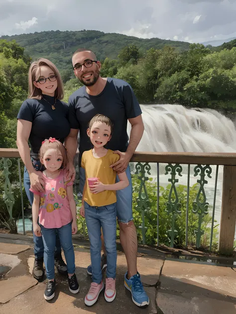 There are two adults and two children standing in front of a waterfall, cachoeiras ao fundo, cachoeira ao fundo, com uma cachoeira, em frente a uma cachoeira, divertindo-se, Family photo, Malika Favre, com cachoeiras, david rios ferreira, vacation photo, g...