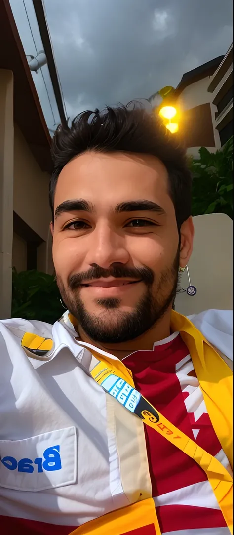 Man with blue and yellow beard and lanyard, icaro carvalho, selfie de um homem, In Sao Paulo, imagem do avatar, relaxing and smiling at camera, vacation photo, selfie shot straight on angle, imagem de perfil, foto do perfil, sorrindo de cima, david rios fe...