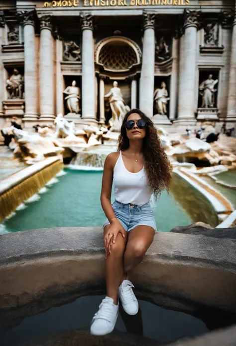 1 menina jovem, pequena, cabelos ruivos, fofinha, delicada, tirando uma selfie na fontana de trevi, fisheye, 4k, realismo, fotografia, vestida toda de preto com um tenis branco da adidas e ao seu lado tem um cachorro preto de pelo curto que esta sentado e ...