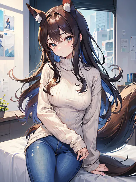 date、appointment、brown haired、brown-eyed、Side tail、(Side tail:side）、Blue sweater、Long blue sweater、jeans、The tail is growing、Horse ears、wave her hand、Soft sweater、Fluffy sweater