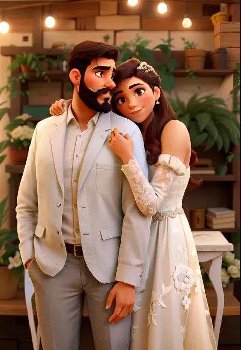 Jovem casal com olhar apaixonado. O jovem rapaz tem barba, Moustache and a gradient haircut. Woman is wearing a wedding dress.