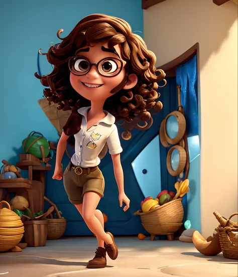 Pixar style image with 3D character white glasses brunette woman short curly hair dancing, Maquiagem Disney,Pescador, bonitinho, sorridente ,Close-up, Pixar, Disney, Cinema lighting,