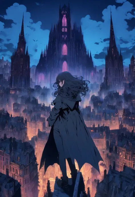 Create an epic illustration in a 80s vintage anime style of a girl wearing a trench coat standing with her back to the viewer on top of a building overlooking a city merged with an enormous old Gothic cathedral filled with towers. The cityscape extends to ...