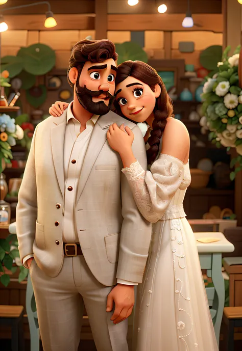 Homem de terno com barba e bigode, mulher de vestido de noiva, apaixonados e de olhos fechados, Disney pixar |