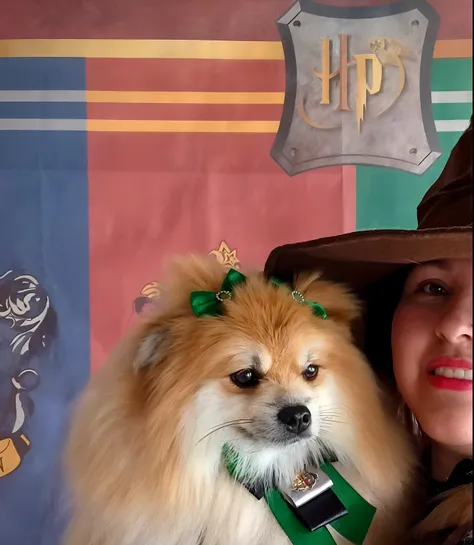 Arafed woman in a witchs hat and green scarf holding a dog, with magical creatures, wearing a wizard hat, vestido como um bruxo, em hogwarts, wearing wizard hats, wearing a witchs hat, archwizzard in a hat, wearing a grey wizard hat, In the Gryffindor comm...