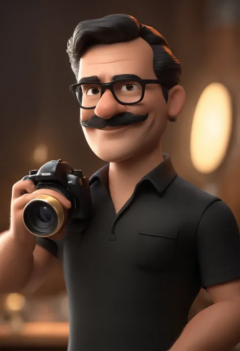 Cartoon character of a man with black glasses and a black shirt, holding a camera, em um campo de soccer, animation character, Caractere estilizado, animation style rendering, 3D estilizado, Arnold Maya render, 3 d render stylized, toon render keyshot, Per...