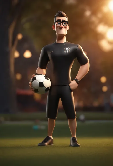 Cartoon character of a man with black glasses and a black shirt, holding a camera, em um campo de soccer, animation character, Caractere estilizado, animation style rendering, 3D estilizado, Arnold Maya render, 3 d render stylized, toon render keyshot, Per...