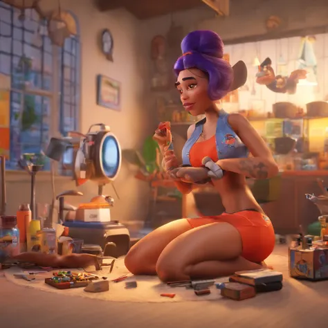 create a 3D Disney Pixar-inspired movie poster, The scene should be in Pixars signature digital art style, com uma imagem caricatural que lembra a cantora brasileira "Anita" in the prone position, Wearing a bikini while a tattoo artist is sitting tattooing...