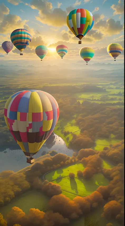 (highres:1.2),(realistic:1.37),hot air balloons,floating in the sky,illuminated by the golden sunlight,vivid colors,dreamlike atmosphere,beautiful landscapes,colorful patterns,puffy clouds,mesmerizing view,peaceful and serene,horizon stretching for miles,g...