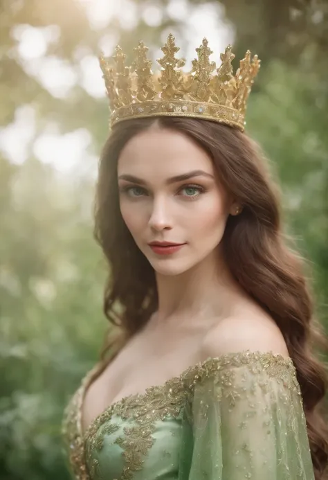 Queen with long wavy brown hair? Bright green eyes, and a tall golden crown with lots of diamonds in a puffy green ballgown covered in flowers