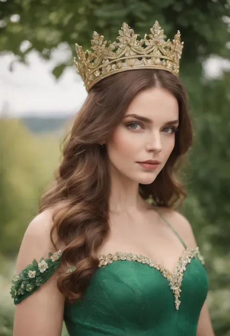 Queen with long wavy brown hair? Bright green eyes, and a tall golden crown with lots of diamonds in a puffy green ballgown covered in flowers