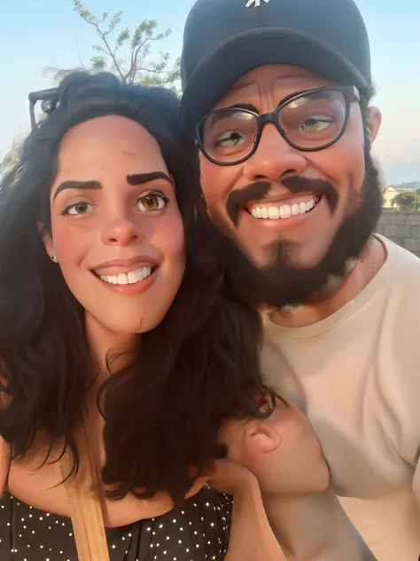 Casal estiloso, negro, sorrindo, cabelo cacheado