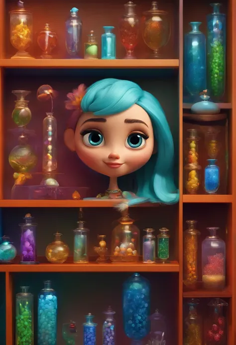 A collector of ideas inspired by Pixar animation, de perto. She is surrounded by a collection of magic vials, each containing a unique idea. The focus is on the character, with a captivating facial expression, Against a backdrop of shimmering, cores eferve...