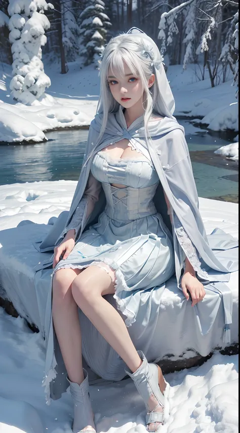 (8K, RAW photo, Photorealistic:1.4)， high resolution, 1 Women, Solo,。.。.。.。.。.3D， Hips up,(Lolita costume)，Wear a flowing skirt， Beautiful eyes, White hair, ringed eyes, (sitted，Cloak，Heavy snow)，snowfield，(full bodyesbian:1.5)