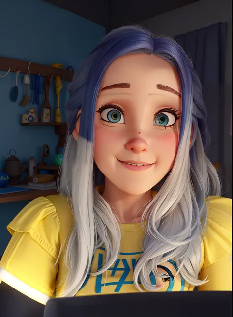 uma mulher loira de olhos azuis, com cabelos lisos e com cachos nas pontas, usando blusa amarela no estilo Disney pixar, alta qualidade, melhor qualidade