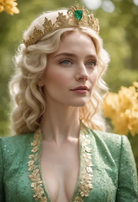 King in a sparkly light green suit covered in flowers with curly blonde hair, bright green eyes, and a tall golden tiara covered in emerald