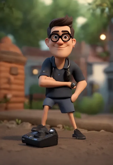 personagem dos desenhos animados de um homem magro, with black glasses and a black shirt, animation character, with a camera, trabalhando em uma partida de soccer, Caractere estilizado, animation style rendering, 3D estilizado, Arnold Maya render, 3 d rend...