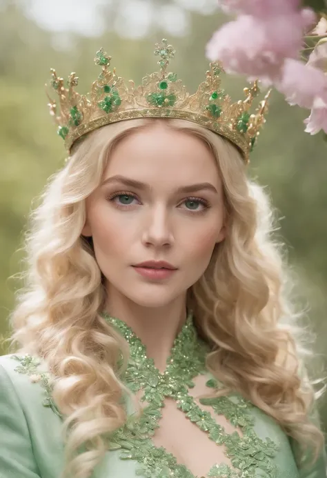 A King in a sparkly light green suit covered in flowers with curly blonde hair, bright green eyes, and a tall golden tiara covered in emerald