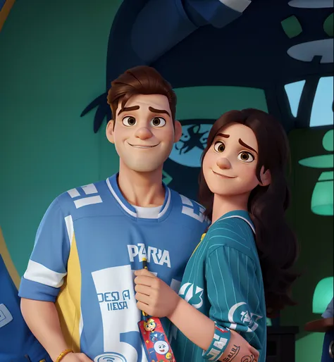 casal homem (cabelo amarelo) e mulher (cabelo escuro) no estilo Disney Pixar, alta qualidade, melhor qualidade, riqueza de detalhes, camisa do homem escrito "rage" In Portuguese