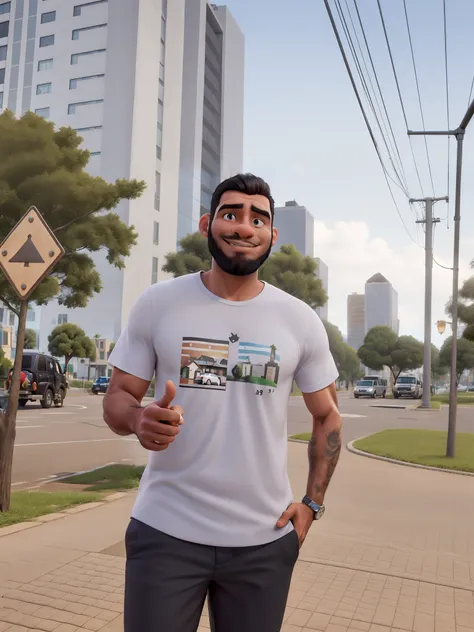 Obra-prima, de melhor qualidade, um jovem, de cabelo curto preto, barba preta, camisa branca, black pant, Showing thumb finger with jewel sign, Standing in the Square, With buildings and trees all around.