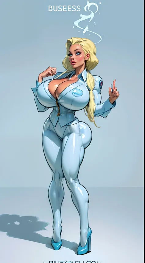 ((masterpiece)),(((best quality))), ((character design sheet:1.4)), ((full body view)) illustration,1girl, muscular, ((light blue business suit:1.4)), bubbles, ((heaven bump hairstyle:1.4)), ((light blonde hair:1.4)), blue suit ((detailed face:1.4)) ((giga...