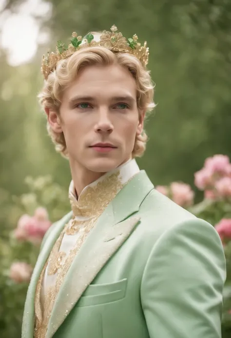 A man in a sparkly light green suit covered in flowers with curly blonde hair, bright green eyes, and a tall golden tiara covered in emerald